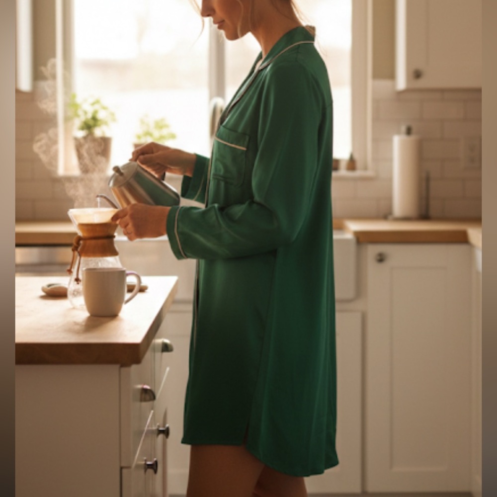 321. Tahari Green Satin Silk Sleep Shirt | 18/34 | Small - Picture 7 of 8